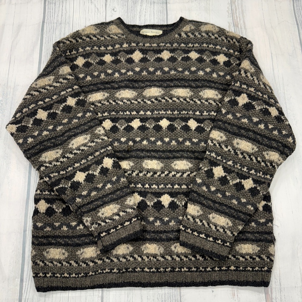 VTG Banana‎ Republic Thick Knit Crew Neck Sweater L Gray Alpaca Wool Mens